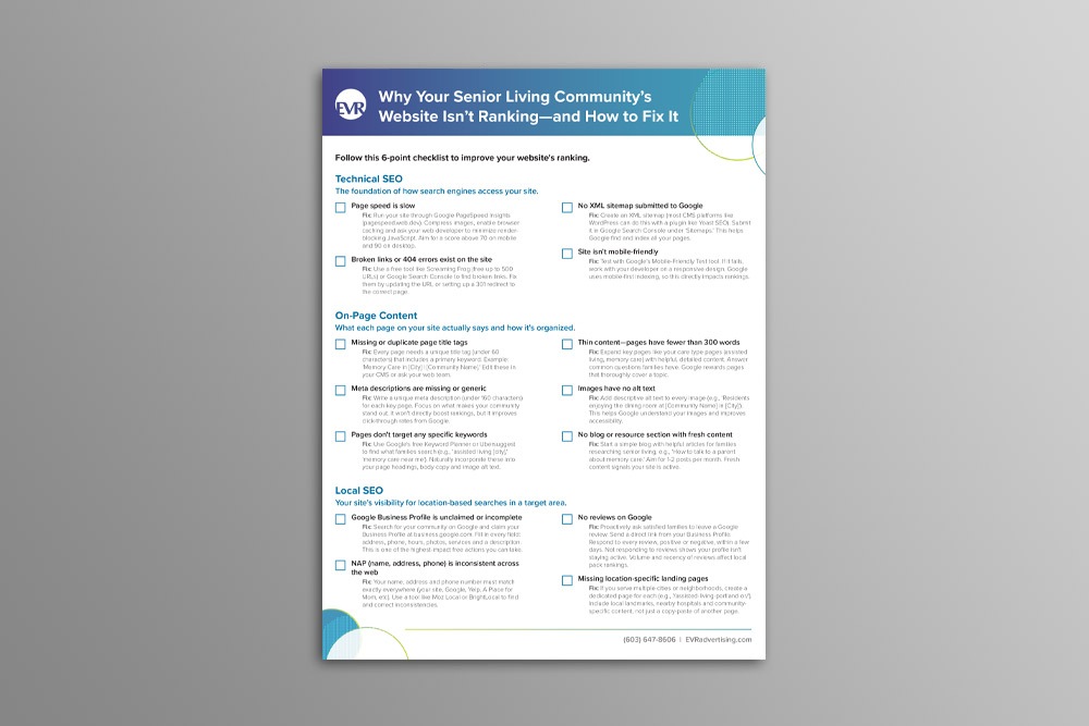 EVR Senior Living Website Ranking Checklist graphic